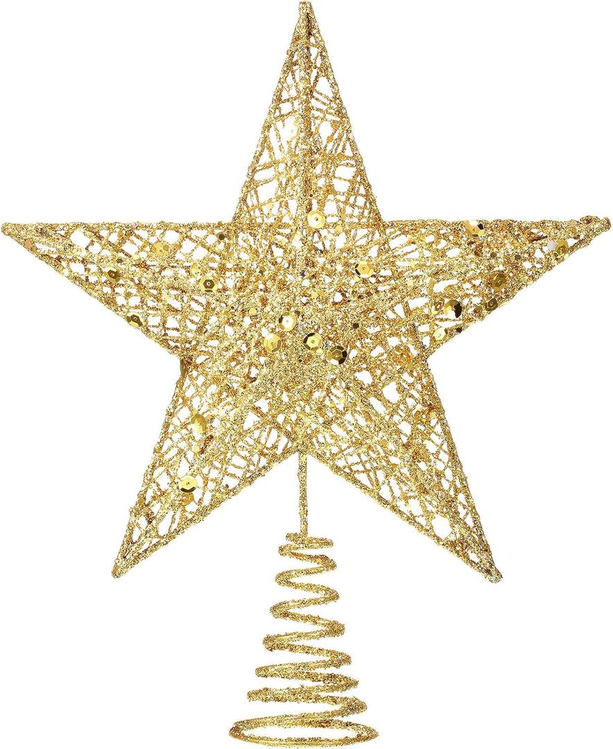 Blulu 10 Inches Gold Christmas Star Topper Xmas Tree Topper Glitter Treetop Star for Christmas