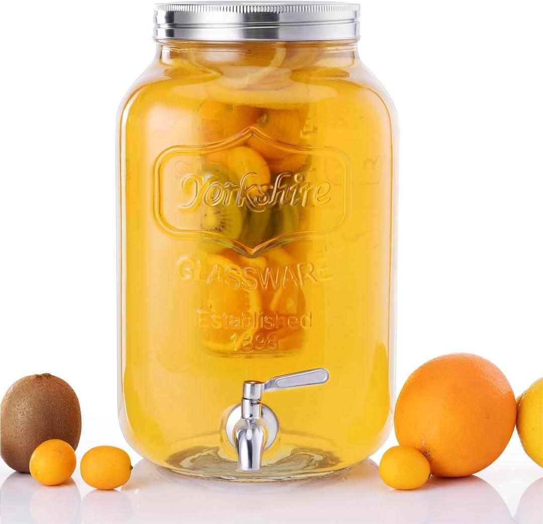 Navaris Drink Dispenser with Tap - 2.1gal (8L) - Glass Drinks Dispenser w/Fruit Infuser & Ice Insert - Large Water or Cocktail Jar - For Party, Office, or Home