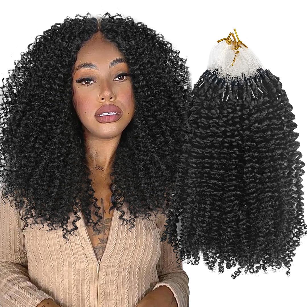 Niawigs Afro Kinky Curly Microlink Hair Extensions Human Hair for Black Women 4c Curly Micro Loop Human Hair Extensions Natural Black Micro Links Extensions 100 Strands Per Pack 18 Inches