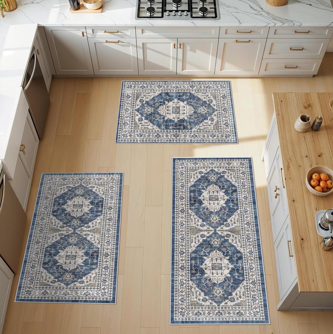 3 Pieces Kitchen Rug Sets: Farmhouse Washable Non-Slip Floor Mat for Sink Stove & Fridge Area Water Resistant Carpet for Laudry Room Entryway Soft Cozy Runners for Kids Pets Family(2x3+2x4+2x5,Blue)