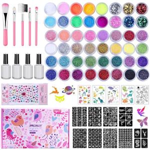 Temporary Glitter Tattoos Kit Kids, 48 Colors Powder with 209 Temporary Tattoo Stencils and 5 Luminous Tattoo Stickers, Body Nail Arts and Craft Glitter Make Up Kit, Gifts for Girl Boy Party