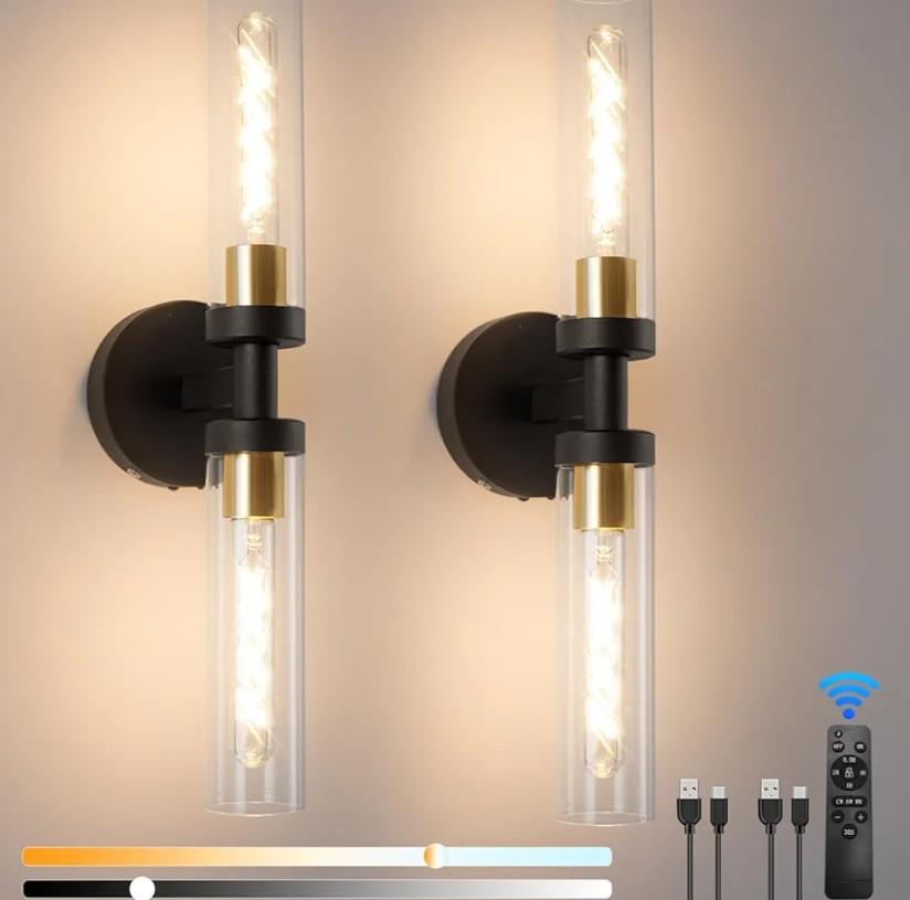 Battery Operated Wall Sconces, Wall Sconce Set of 2, 3000K-6500K Black Rechargeable Wall Lamp with Remote, Indoor Non-Hardwired Wall Lamps, Modern Vanity Light for Bedroom, Living Room, Aisle