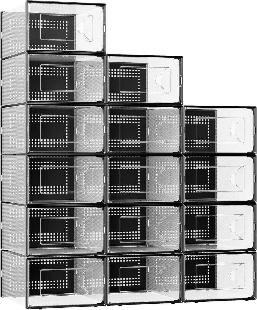 Foluck X-Large Shoe Storage Box, 15 Pack Clear Plastic Stackable Shoe Organizer for Closet, Interlocking Design Shoe Container Bins for Sneakers, Foldable Shoe Rack with Lids, Black