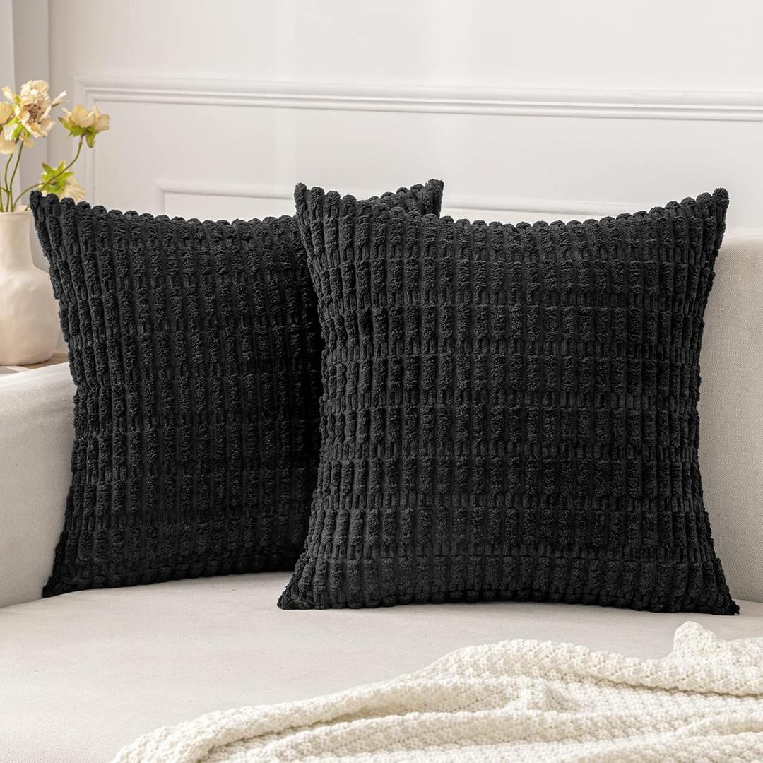 MIULEE Pack of 2 Corduroy Decorative Throw Pillow Covers 18x18 Inch Soft Boho Striped Pillow Covers Modern Farmhouse Home Decor for Sofa Living Room Couch Bed Black (18" x 18" (Pack of 2))