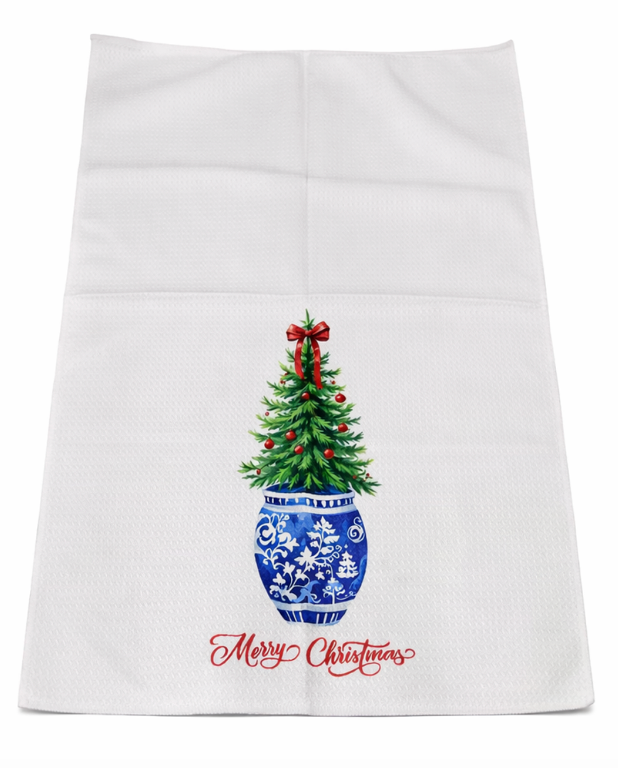 OTOUO Chinoiserie Christmas Kitchen Towels, Blue and White Chinoiserie Decor Christmas Tree Hand Towels, Coquette Red Bow Christmas Dish Towels Tea Towels, Grandmillennial Home Decor, 16x24 Inch Pack of 2