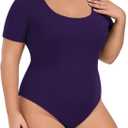 Lastshe Women Plus Size Bodysuit Short Sleeve Scoop Neck Casual Slim Fit Stretchy Bodysuits (Purple, XXL)