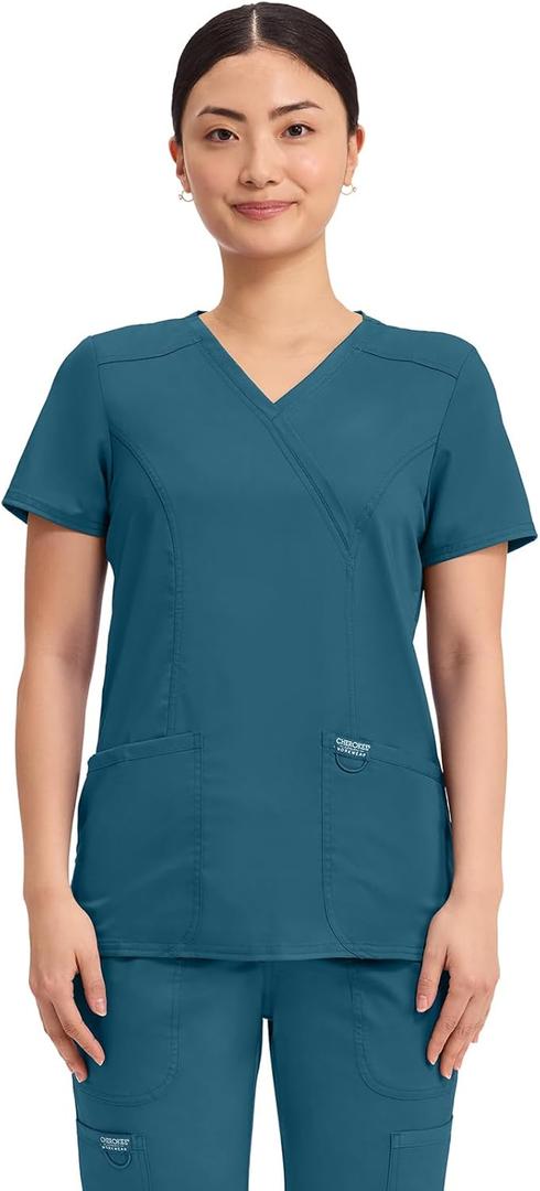 Cherokee Scrubs Top for Women Mock Wrap with 3 Pockets, Soft, 2-Way Stretch & Durable Fabric - WW610 (X-Small, Caribbean Blue)