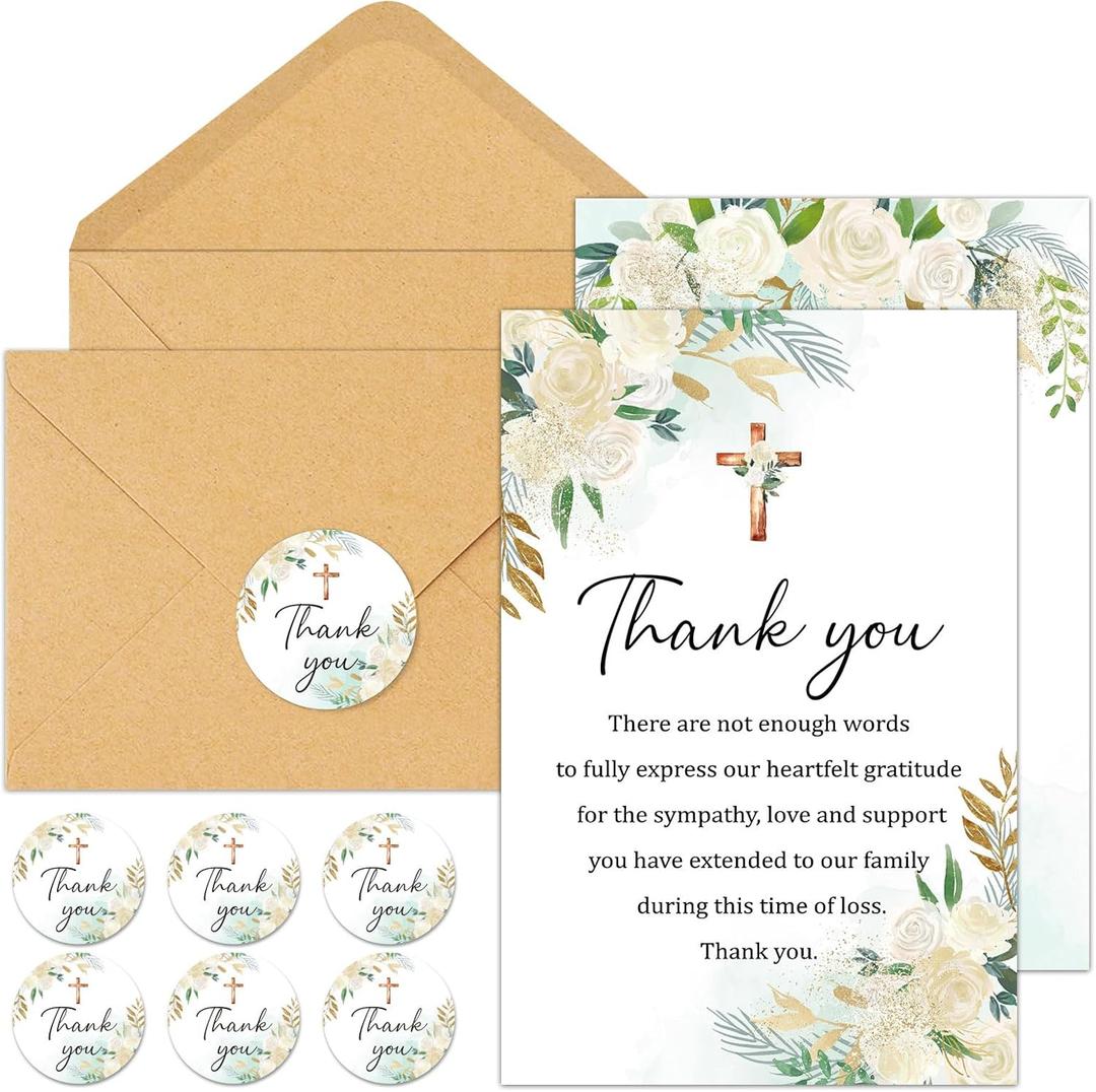 50 Pack Funeral Thank You Cards with Envelopes, 46 In Watercolor Flowers Sympathy Thank You Cross Bereavement Card for Funeral Memorial Family Friends Loved Ones Celebration of Life