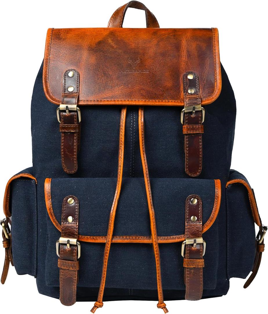 Leather Canvas Backpack Durable Vintage Large Travel Laptop Bag for Men & Women Work Hiking School (Navy Blue)