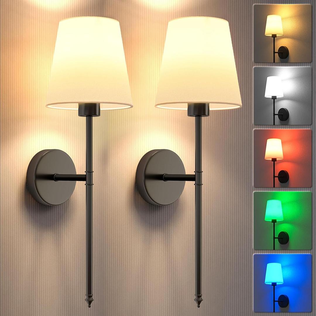 Wall Lights Battery Operated Wall Sconces Set of 2,Black Wireless Wall Sconces with Remote,9 Colors Modes Rechargeable Wall lamp for Bedroom Living Room (24 inch)