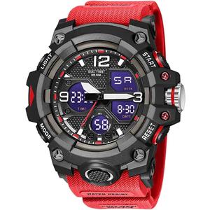 Gosasa Men's Large Face Outdoor Sports Watches Military S-Shock Watch Waterproof, Backlight, Alarm, Stopwatch Features - Rugged Wristwatch for Training, Hiking, and Adventure (8008_Red)