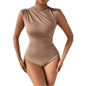 Milumia Women's Ruched Tank Top Sleeveless Mock Neck Bodysuit Fitted Jumpsuit Tops (Large, Brown)