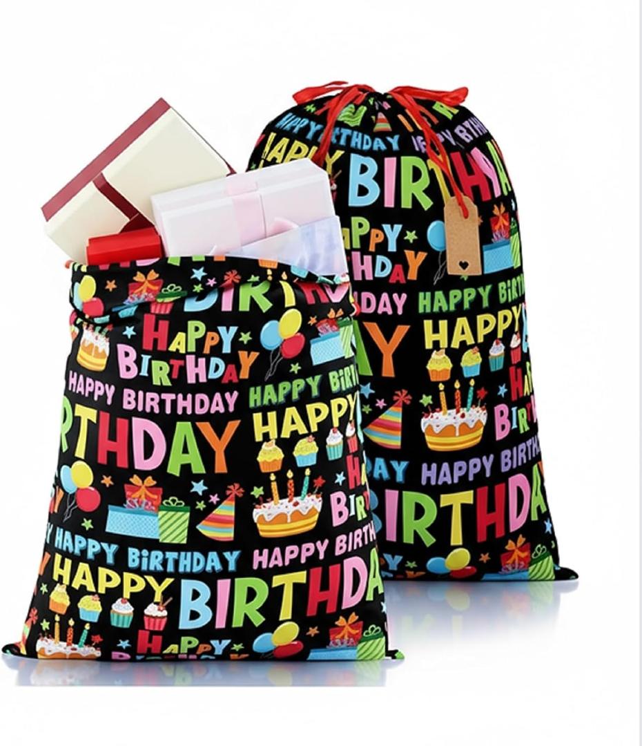 Pickmesh 2 Pcs Happy Birthday Drawstring Gift Bags 20 x 28 Inch Extra Large Baby Shower Bags Fabric Colorful Baby Shower Wrapping Pouch for Gender Reveal Supplies Decor((Black Birthday, Black)