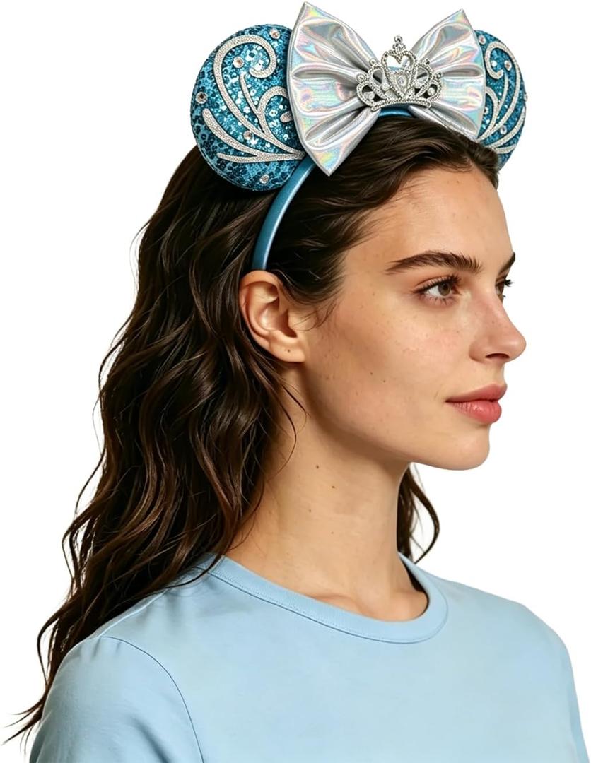 Princess Mouse Ears Headband for Women Blue Sequin Mouse Ears for Adult Park Ears