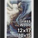 Frame Amo 12x17 Black Solid Wood Poster Frame, White Mat for 10x15 Image, Tempered Glass Front, 1.5 inch Wide, 1 inch Thick, High-End, Heavy-Duty, Gallery Grade & Acid-Free