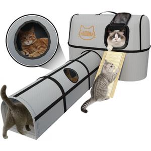 Pet 4-in-1 Cat Tunnel, Carrier, House & Scratcher – Detachable and Combinable – Indoor Beds, Outdoor Use, Cat Toys & Furniture (Gray)