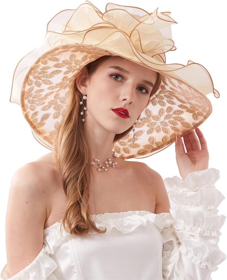 Womens Organza Church Derby Tea Party Hats Wedding Fascinator Hat Anti Wide Brim Sun Big Hats (Style7-NEW Khaki)