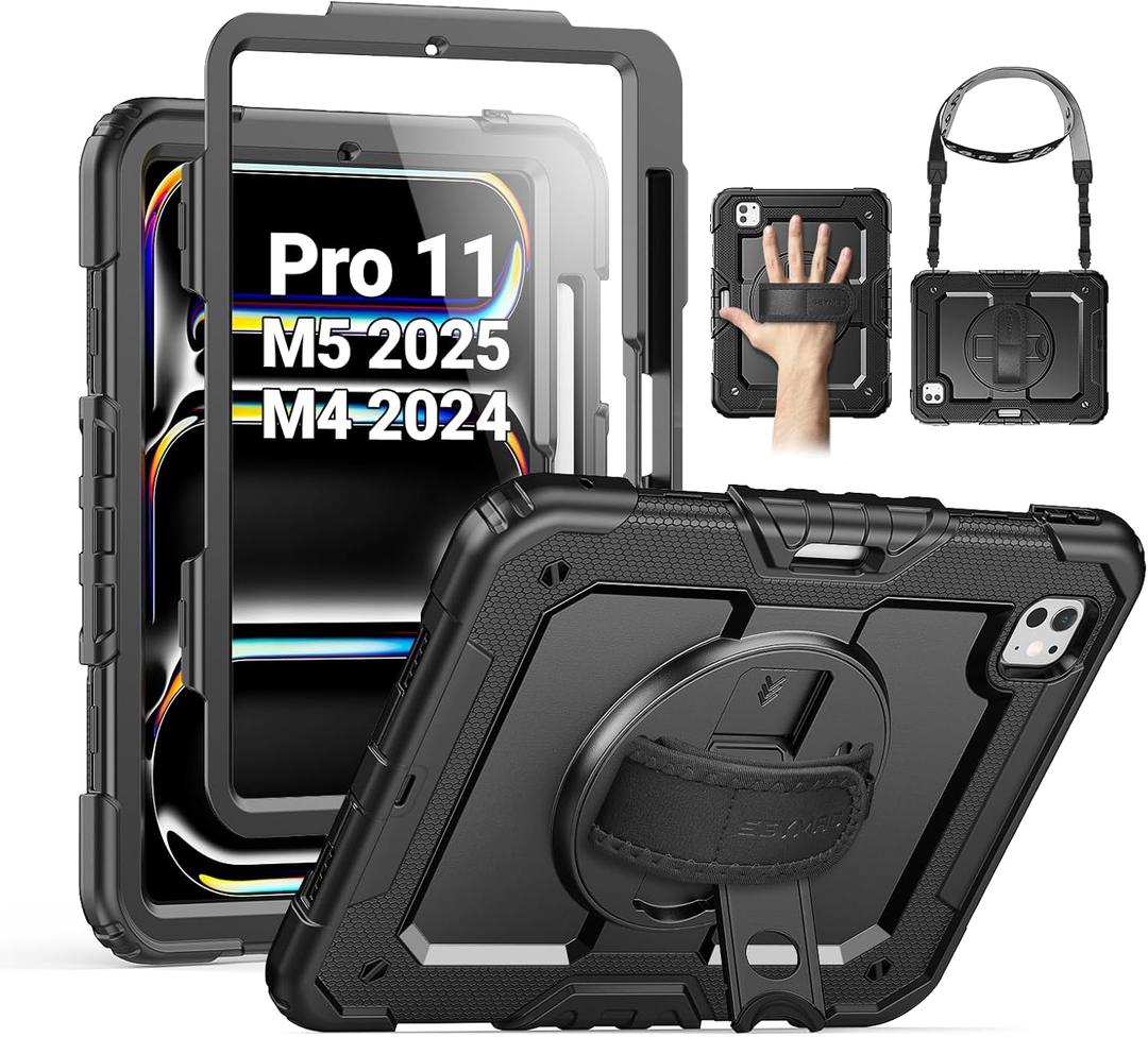SEYMAC for iPad Pro 11 Inch Case M5 2025 / M4 2024, Heavy Duty Shockproof Protective Case with Screen Protector, 360 Rotating Stand, Hand/Shoulder Strap and Pen Holder, Black