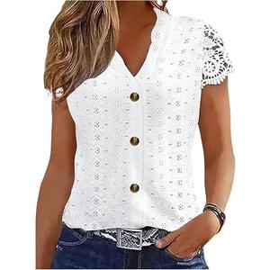 Floerns Women's Summer Blouse V Neck Lace Cap Sleeve Dressy Button Up Shirts Tops, White, L
