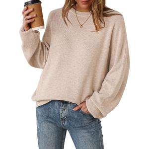 Arach&Cloz Women's Wool Blend Oversized Sweaters Crewneck Casual Outfits Fashion Spring Tops (Large, Apricot)