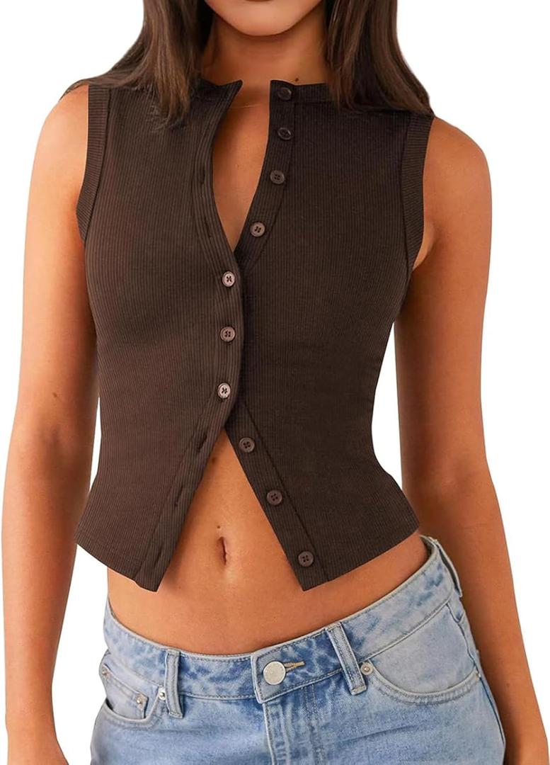 Womens Going Out Tops Summer Spring Ribbed Tank Sexy Crop Cute Y2K Button Down T Shirts Fashion Clothes 2025 (Medium, Coffee)