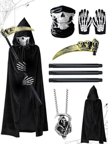 ABONDEVER Halloween Grim Reaper Costumes for Boys Adults Black Hooded Cloak Scythe Skull Mask Skeleton Gloves