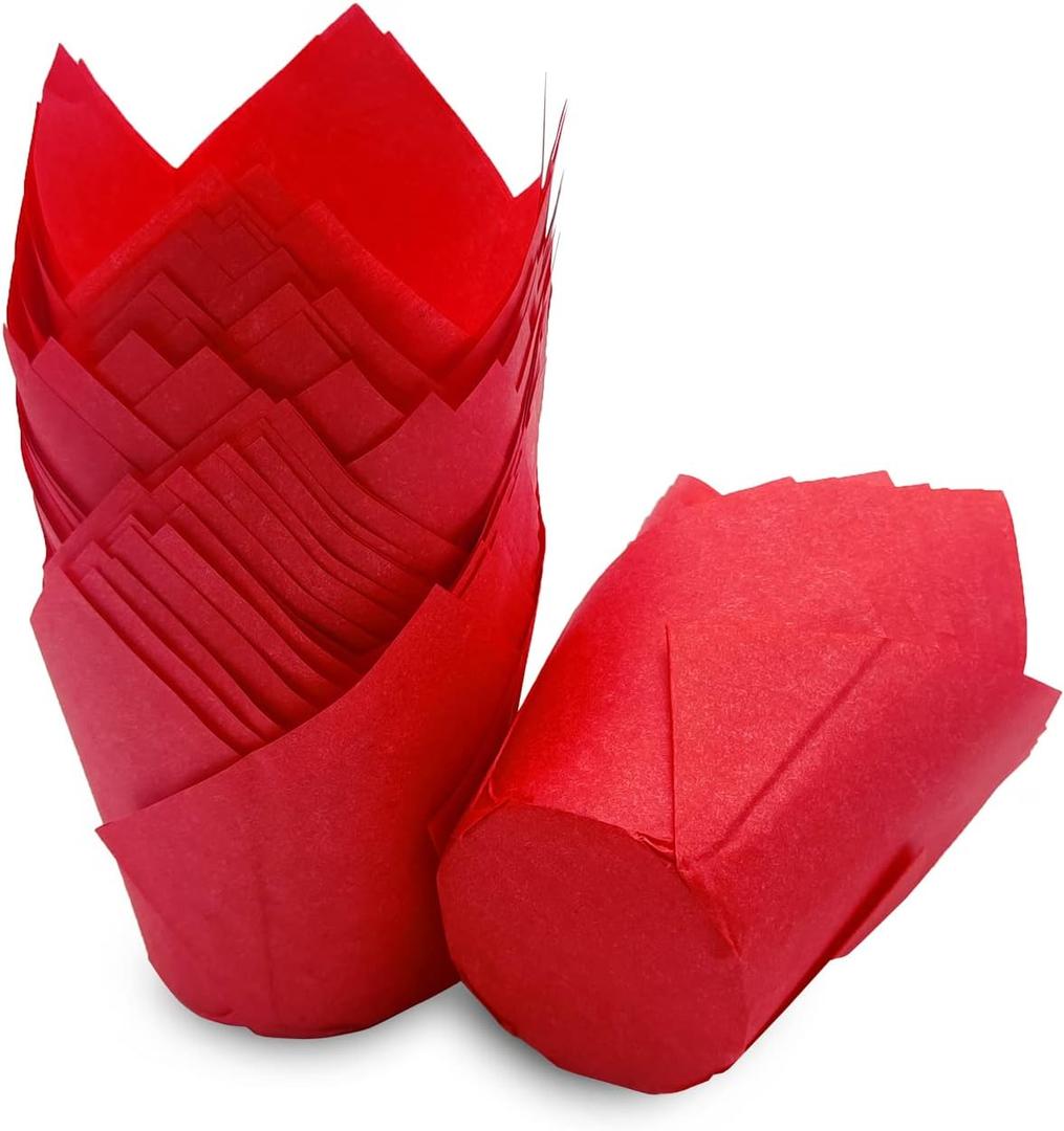 Standard Tulip Baking Cups, Unbleached Greaseproof Muffin Cupcake Liners, 50-count (Red)