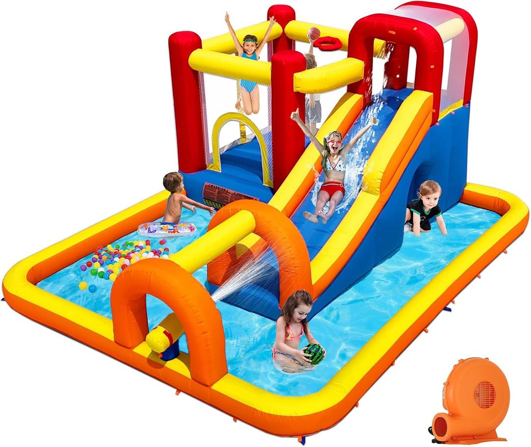 Baralir Inflatable Bounce House Water Park with Long Water Slide & Large Splash Pool Fits 5 Kids, Endless Fun of Jumping, Sliding, Climbing - Extra Cave and Tunnel Adventure and Water Cannon, 13L x 10.5W x 6.4H Foot