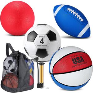 Deekin 4 Pcs Sport Balls Set for Kids Teens, Include Official Size Basketball Soccer Football Playground Ball and Pump Sports Equipment Bag Sports Gift(Bright Color)