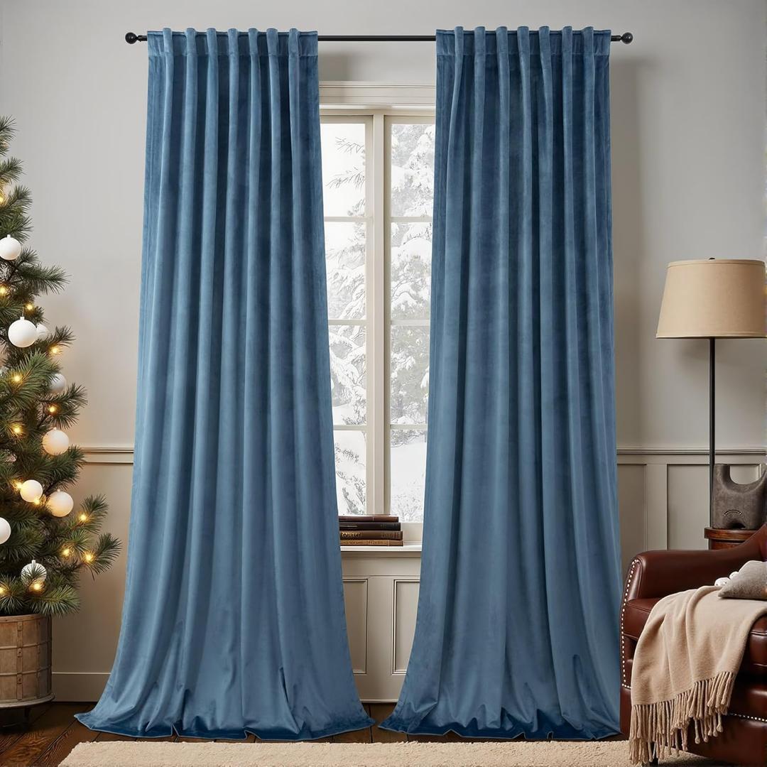 Dusty Blue Velvet Curtains 84 Inch Length 2 Panel Set for Living Room Modern Luxury Textured Thermal Darkening Long Drape Blocking Light Stone Blue Curtain for Bedroom Country Farmhouse Decor Back Tab