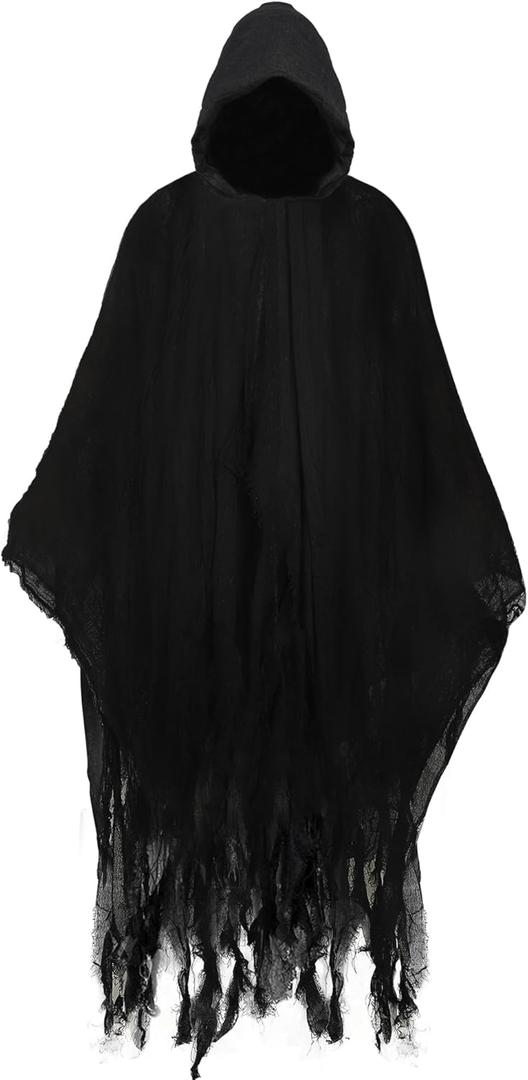 Augisteen Halloween Grim Reaper Costume Medieval Renaissance Hooded Cloak Adult Scary Black Robe Wizard Cape for Unisex Cosplay Props Supplies(Black)