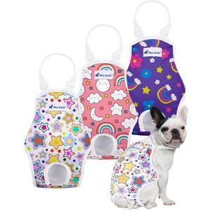 3 Pack Pet Soft Dog Diapers Female Onesie Sanitary Pantie with Adjustable Suspender, Colorful Pattern Washable Puppy Diapers Female, Super Absorbent Underwear Dog Diaper for Heat (Nature, Mini-Small)