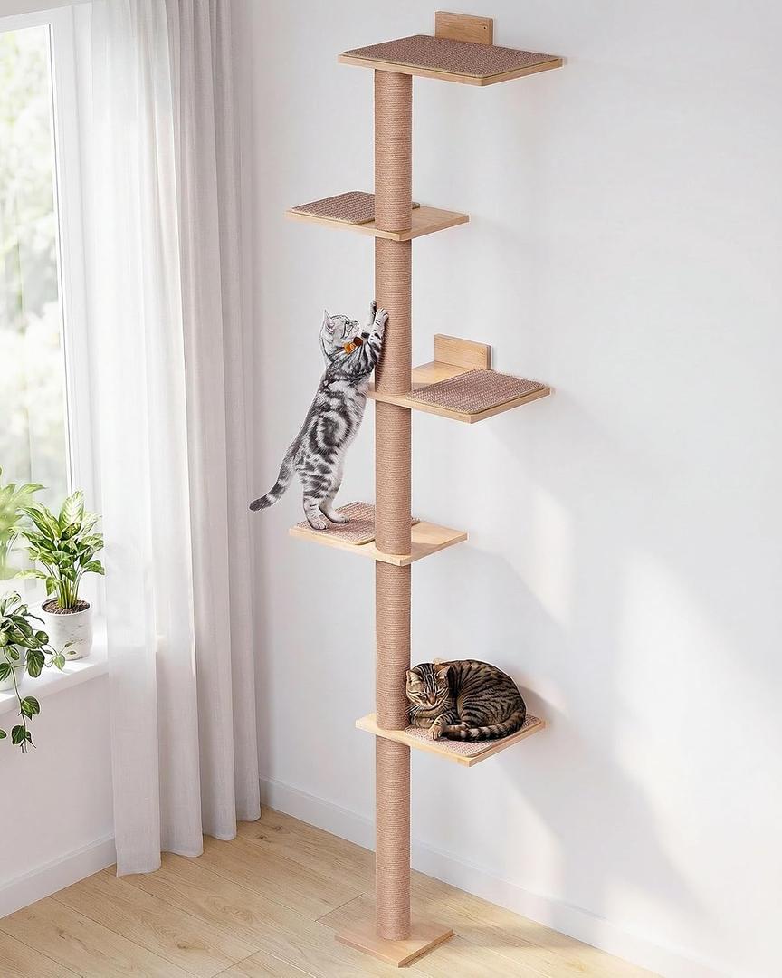 80.3" Tall Cat Tree for Wall, 5 Tier Floor to Ceiling Cat Tree, Adjustable Wall Mounted Cat Tree with 15.7" Top Perch Bed for Large Adult Cats