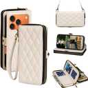 Rssviss Crossbody Case for iPhone 17 Pro Case Wallet, RFID Blocking Leather with Card Holder Kickstand, Handbag Zipper Flip Cover with Wrist Strap for iPhone 17 Pro Men Women 6.3", White