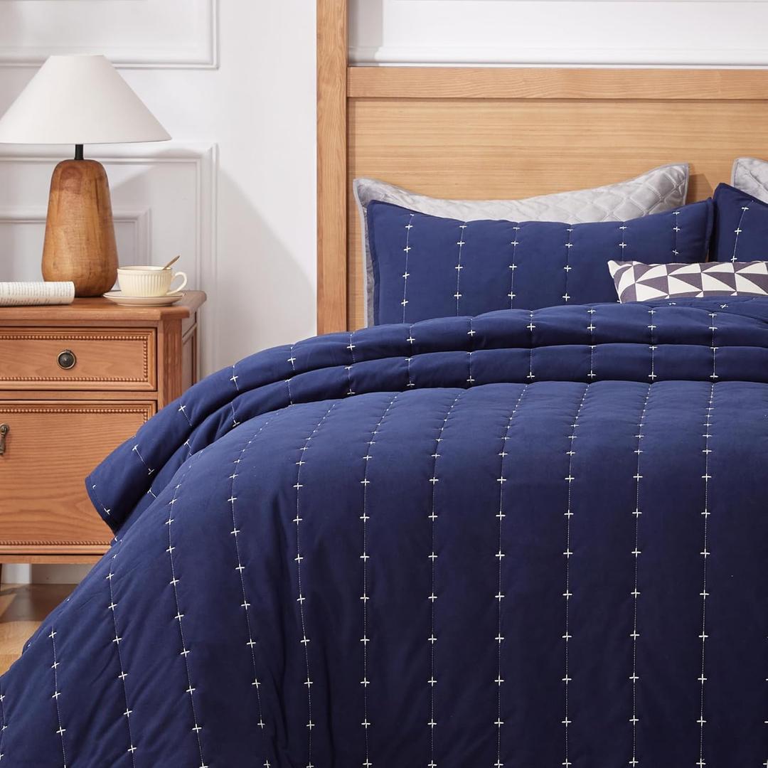 Sophia & William 3 Pcs King Size Velvet Quilt Set, Luxurious Coverlet Bedding Set, Lightweight Bedspread with Pillowshams, Midnight Blue