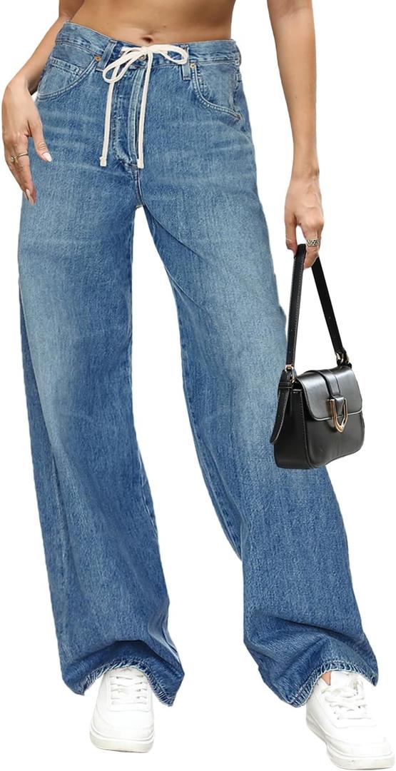 Allimy Womens Drawstring High Waist Wide Leg Jeans Straight Leg Washed Denim Jeans Pants (10, Retro Blue)