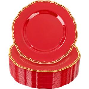 Hioasis 60pcs Red Plastic Plates - Red and Gold Disposable Dinnerware with Gold Rim, Heavy-duty, 7.5 inch, Dessert Plates for Party & Christmas
