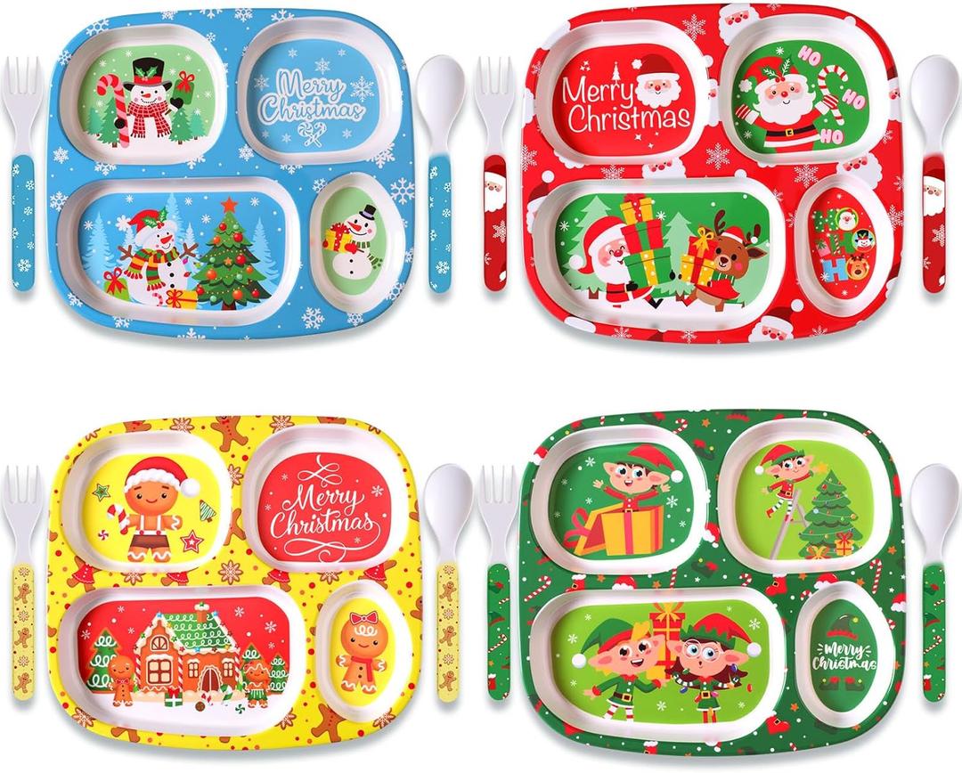 Jinei 4 Set Christmas Divided Dinnerware Set with Fork and Spoon Santa Gingerbread Man Xmas Dinner Plate Snowman Melamine Dinnerware Divided Plates Christmas Baby Feeding Dishes Dishwasher Safe