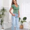 PALINDA V Neck Slim Fitted Shirts for Women Basic Casual Short Sleeve T Shirts Going Out Tops Sexy Y2K Tees (Sage Green)