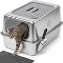 Ptlom Enclosed Stainless Steel Litter Box for Large Cats, Leak-Proof Metal Cat Toilet with Lid, Ventilated Top Opening Covered Cat Pan High Sided Walls, Scoop & Litter Mat, Narrow Side, 20.8"L x 13.0"W x 13.1"H