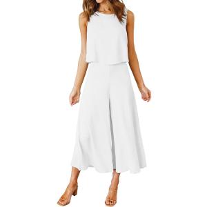 ROYLAMP Women's Summer 2 Piece Outfits Round Neck Crop Basic Top Cropped Wide Leg Pants Set Jumpsuits (X-Large, White)