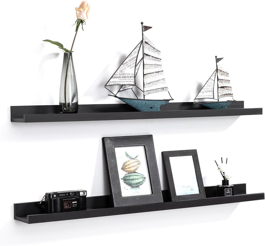AZSKY Picture Ledge Shelf, Floating Shelves Set of 2, 48 Inches Picture Shelves for Wall with Ledge, Long Shelf Wall Mounted for Living Room Bedroom Decor Books Photo Frames - Black (48in set 2)