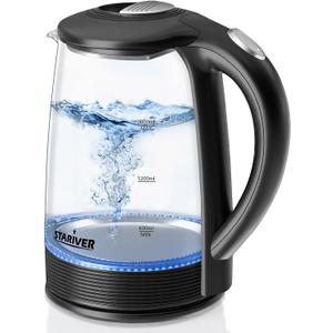 Stariver Electric Kettle, 2L Electric Tea Kettle, BPA-Free Glass Kettle with LED, Hot Water Kettle with Fast Boil, Auto Shut-Off & Boil-Dry Protection, Stainless Steel Inner Lid & Bottom, Black