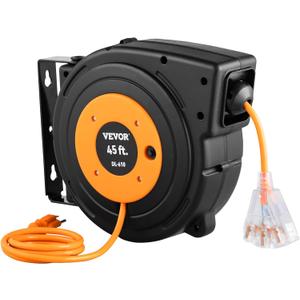 VEVOR Retractable Extension Cord Reel, 45 FT, Heavy Duty 12AWG/3C SJTOW Power Cord, with Lighted Triple Tap Outlet, 15 Amp Circuit Breaker, 180 Swivel Bracket for Ceiling or Wall Mount