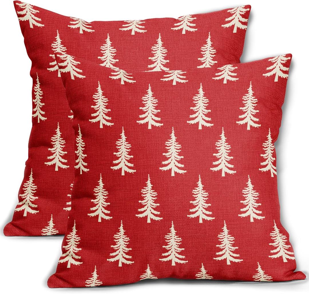 Christmas Pillow Covers 18x18 Set of 2 Red Xmas Tree Rustic Style Winter Print Decorative Outdoor Pillowcases Farmhouse Vintage Holiday Decorations Throw Cushion Case Decor for Couch Sofa Bed