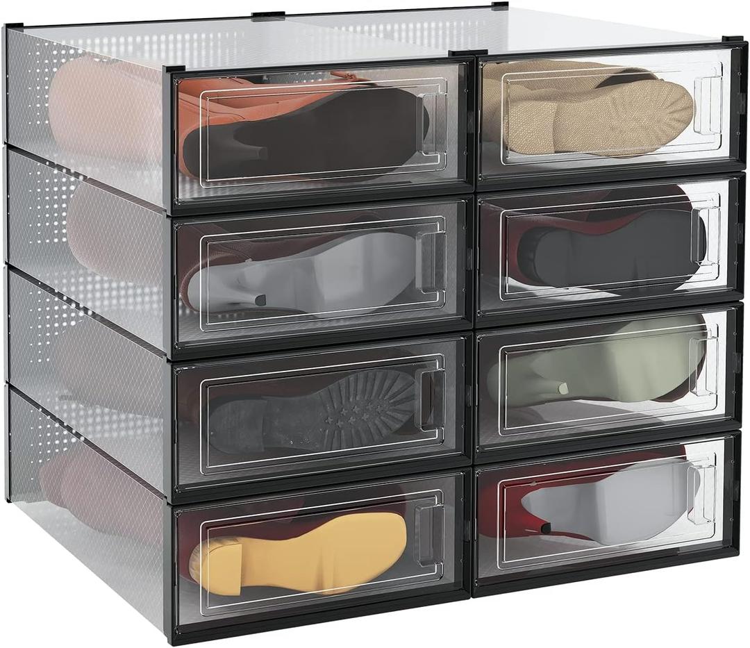 PARANTA 8-Piece Boot and Shoe Storage Box, Stackable Clear Plastic Shoe Box, Space-Saving Shoe Organizer for Boots, Sneakers, and High Heels, Black