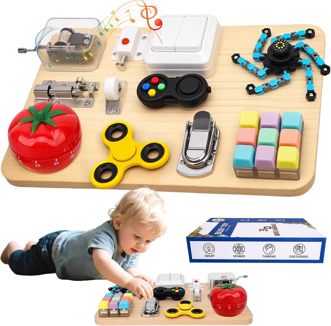 Busy Board Toy for Toddlers, 11 in 1 Wooden Montessori Educational Fidget Sensory Toy for Stress Relief, Activity Board Desk Gadget for Kids Preschool Learning, Car Airplane Travel Birthday Gift 11"