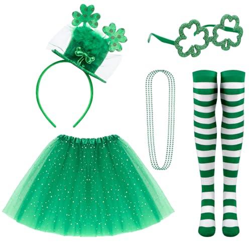 Hicarer 7 Pcs St Patrick's Day Leprechaun Costume Accessories for Women Include Tutu Skirt Headband Beaded Necklace Glasses (Polka Dot Clover)