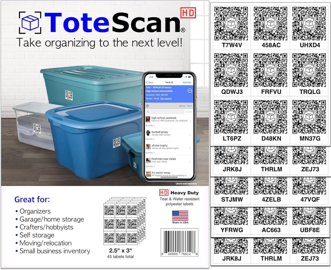ToteScan HD (Heavy Duty) Intelligent QR Labels for Organization/Moving/Storage (45 Unique Labels, 2.5"x3")