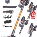 Cordless Vacuum Cleaner, 75Mins/48KPa/580W Self-Standing Stick Vacuum Cleaners for Home, Rechargeable, Lightweight, Anti-Static&Anti-Tangle Brush, for Hard Floor, Carpet, Hardwoods, Pet Hair (Yellow)